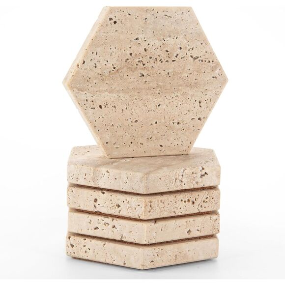 WORHE Other - Hexagonal Travertine Marble Coaster Set of 5 Natural Beige Stone Home Decor